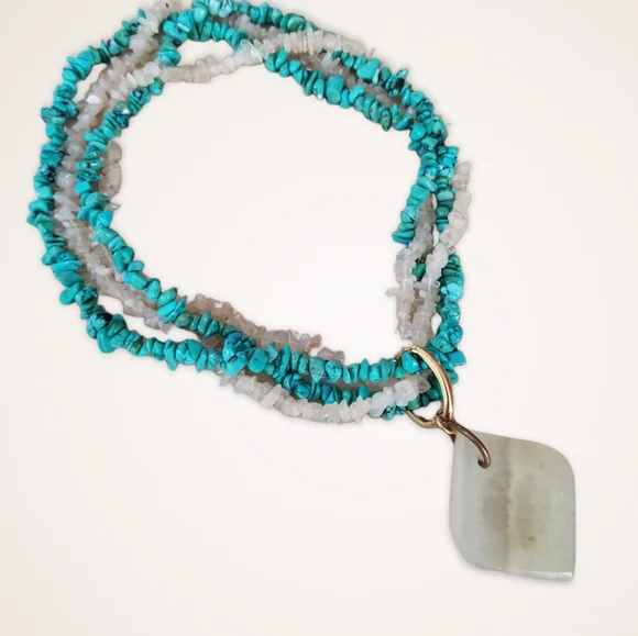 Vintage Boho Turquoise Agate & Moonstone Necklace - Picture 6 of 15